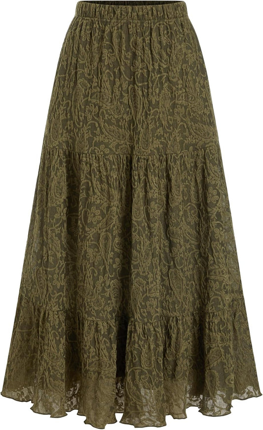CIDER Long Tiered Mesh Lace Skirts Floral A Line Boho Skirt with Pockets