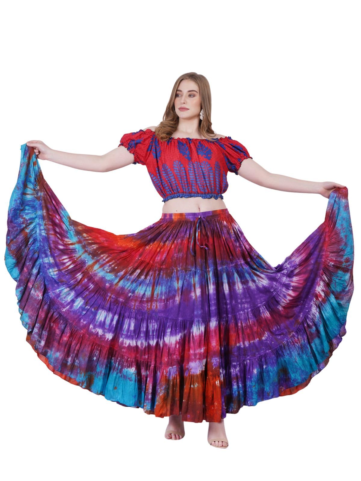 Wevez Women's 25 Yard Casual High Waist Long Maxi Skirt with Elastic Waistband Flared Cotton Skirts for Women