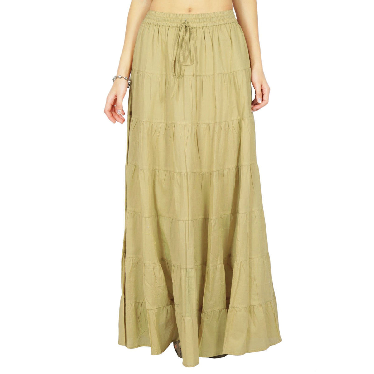 Solid Long Maxi Cotton Beach Wear Skirt For Women Elastic Waist Skirt Summer Wear