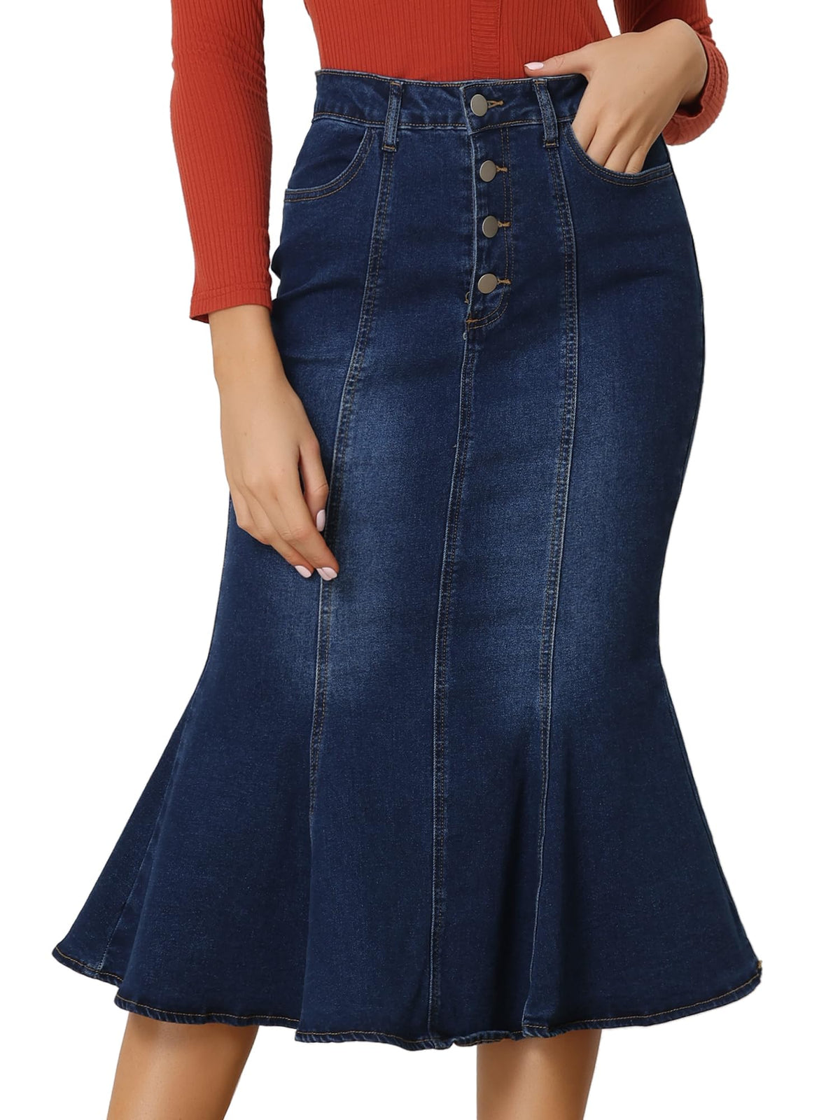 Allegra K Denim Skirt for Women Fishtail Midi Jean Skirts