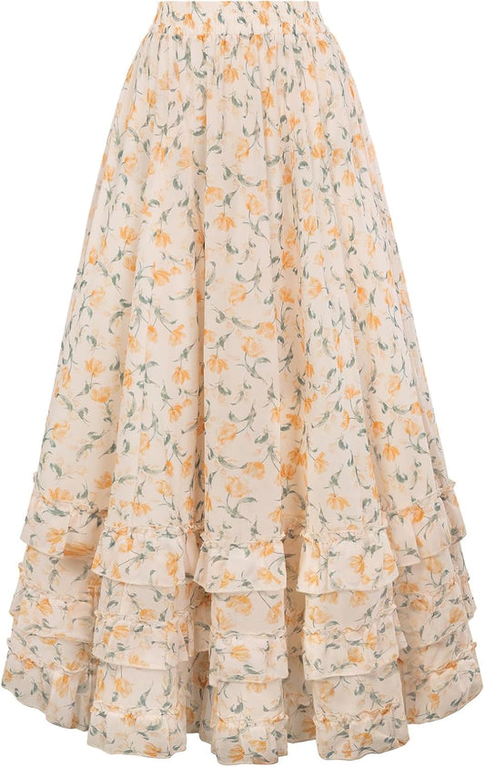 Scarlet Darkness Maxi Skirts for Women Floral Chiffon Ruffle Long Skirt