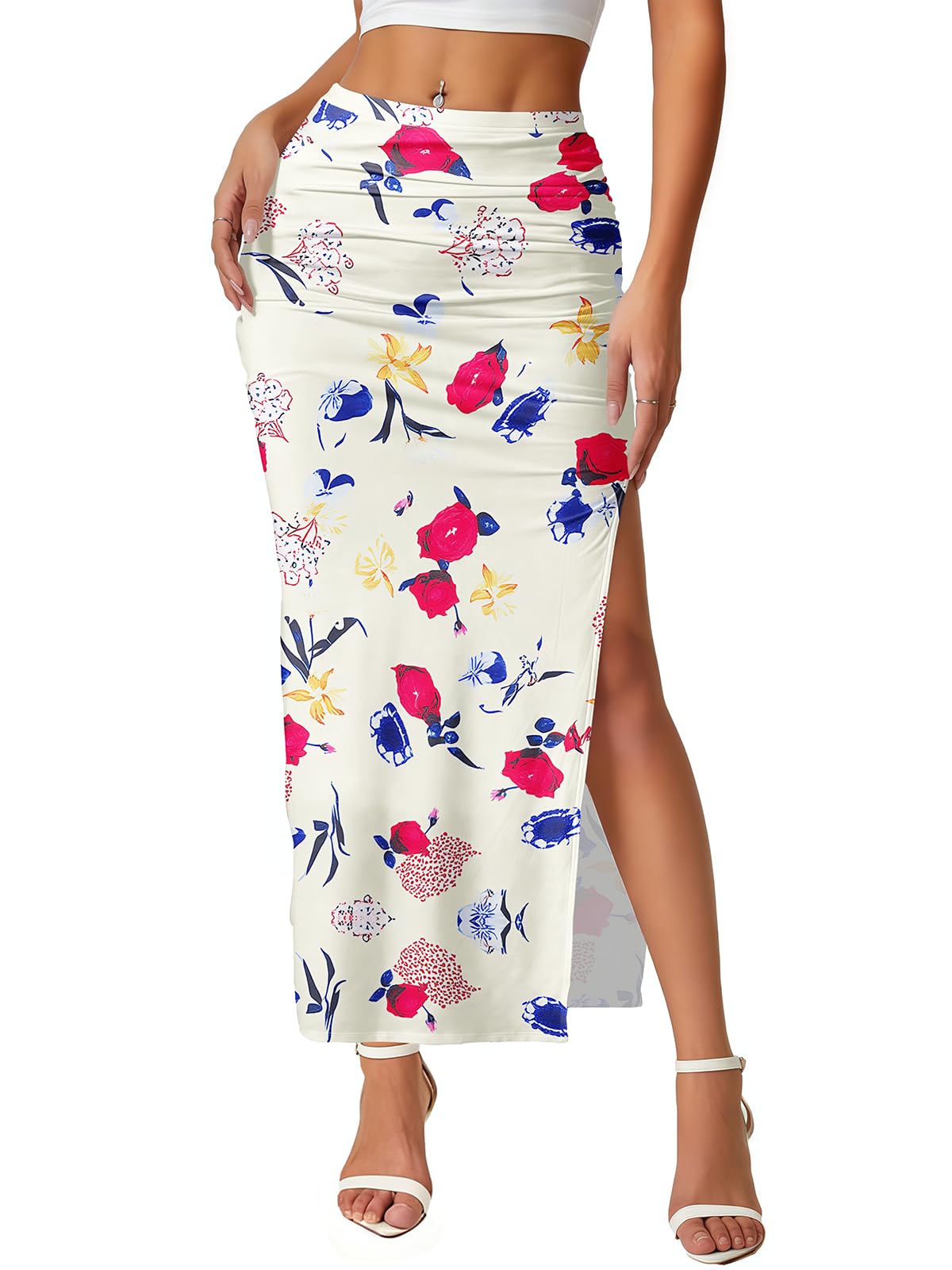 Women's Maxi Skirt Ruched Side Slit Thigh Elegant Bodycon Pencil Skirts