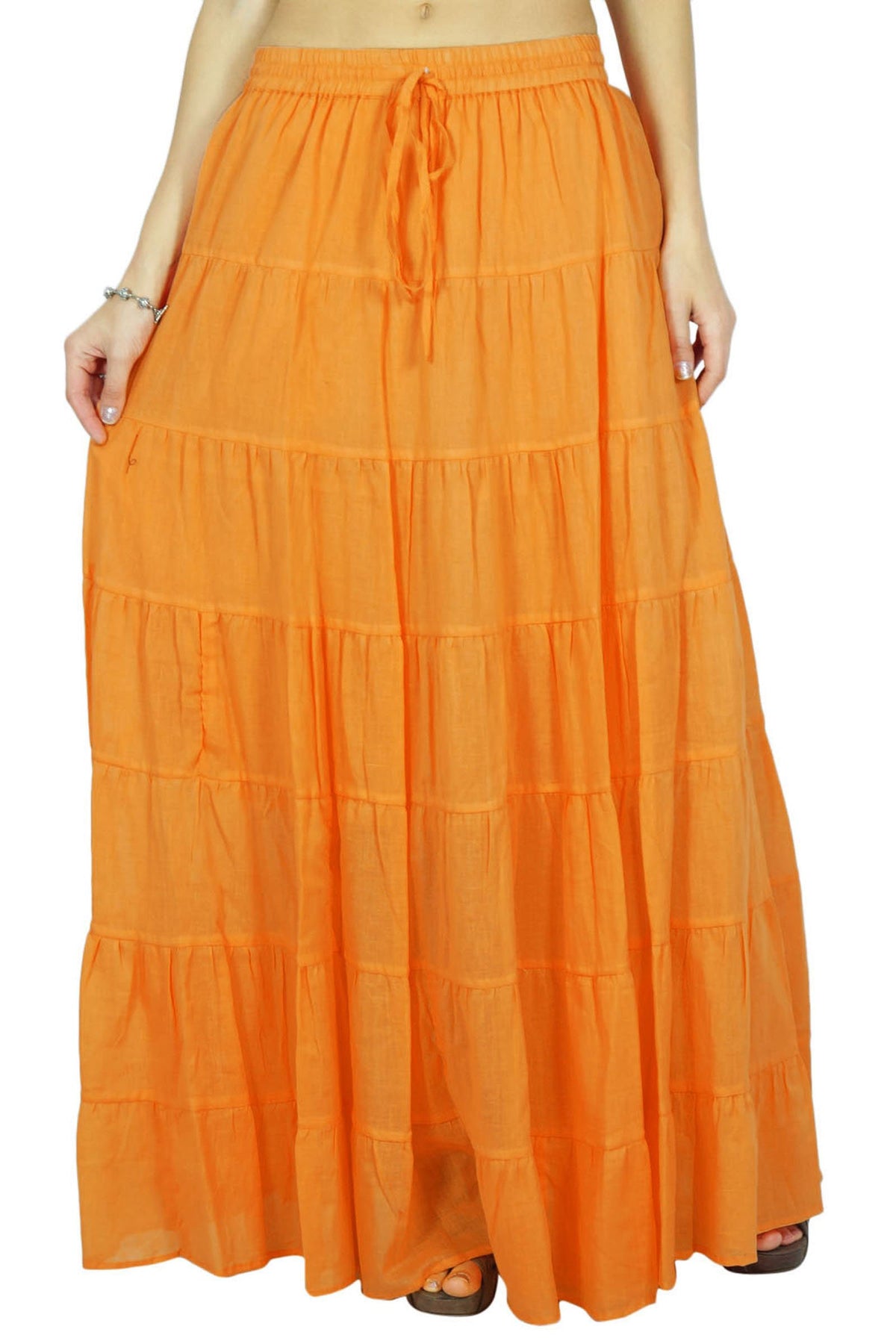 Solid Long Maxi Cotton Beach Wear Skirt For Women Elastic Waist Skirt Summer Wear