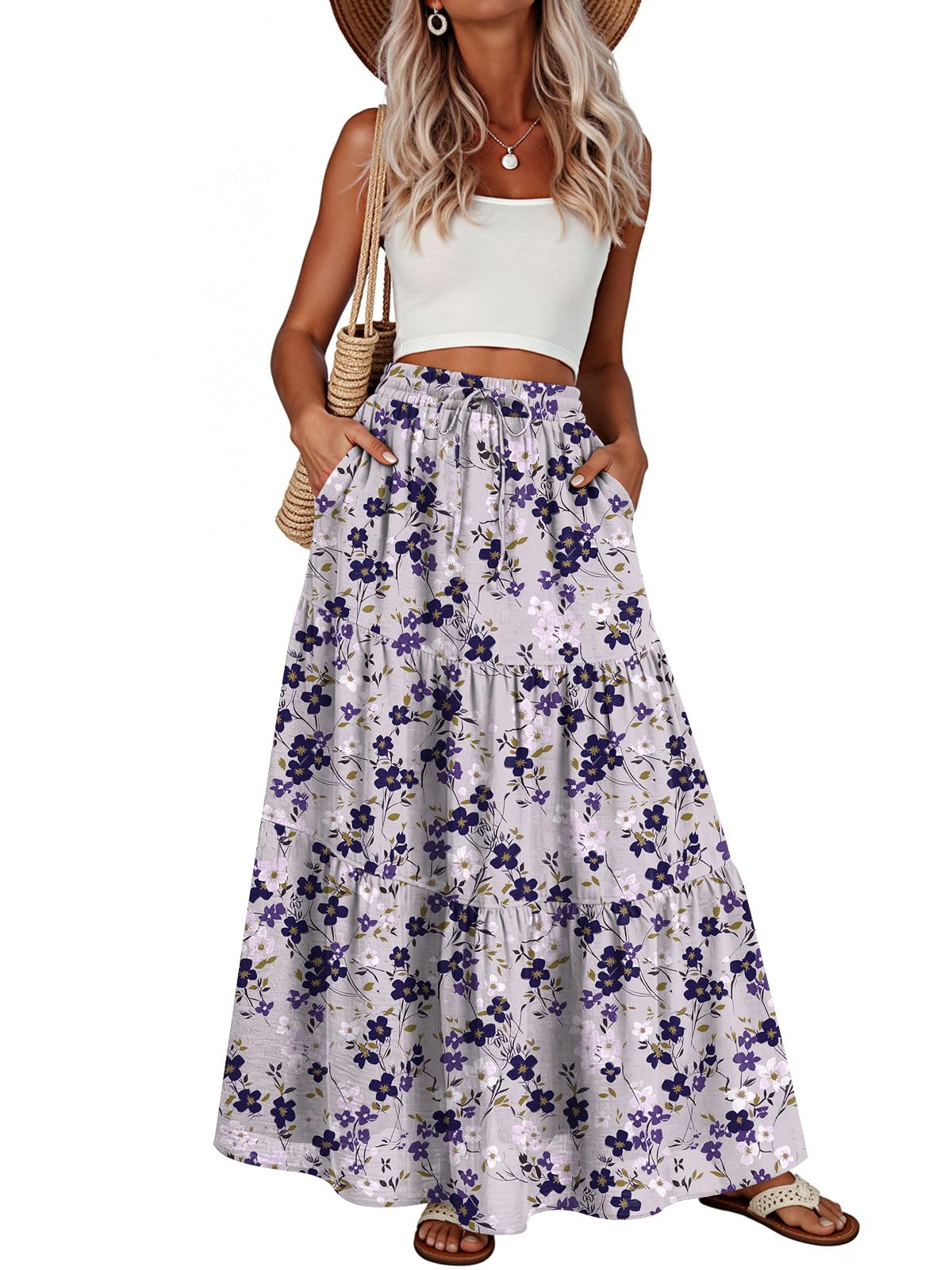 Addtoo Womens Maxi Skirt Pleated Tiered A-Line Elastic Waist Midi Skirt