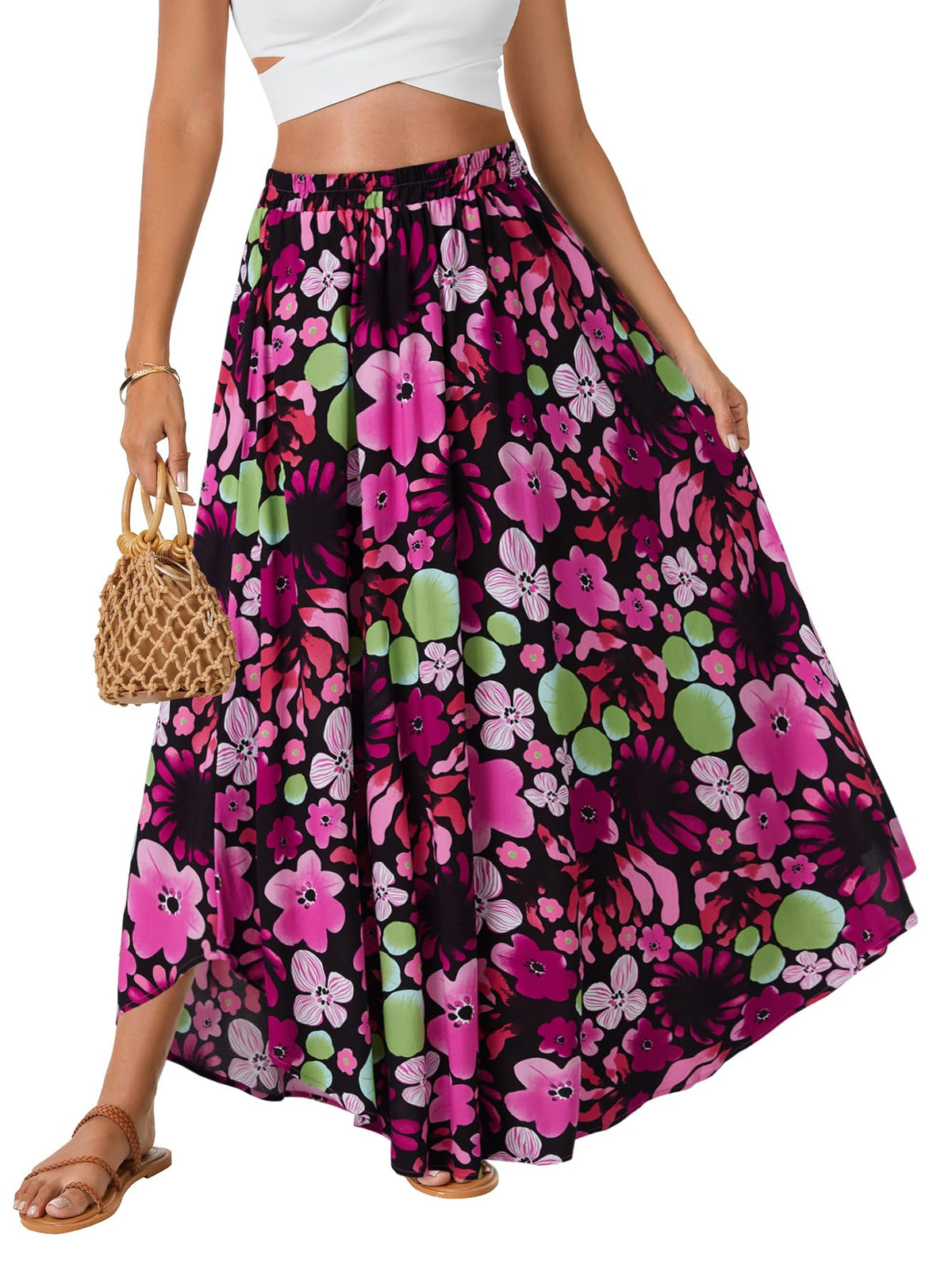 Rooscier Women's Boho Flowy Maxi Skirt Asymmetric A Line Elastic Waist Summer Long Skirts