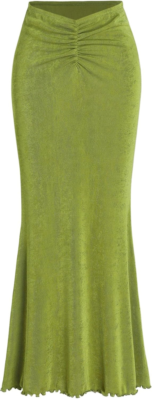 CIDER High Waist Skirts for Women Mermaid Skirt Fishtail Ruched Bodycon Long Maxi Skirt Lettuce Trim Stretchy