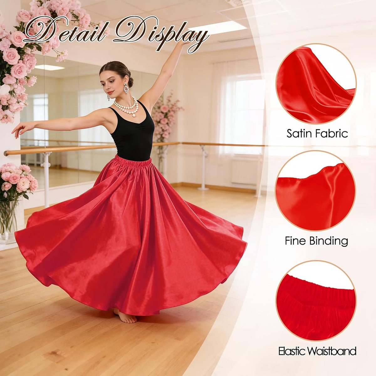 4PCS Satin Dance Skirt for Women Ankle Length Full Circle Women Maxi Shiny Skirt for Flamenco Belly Dance Party