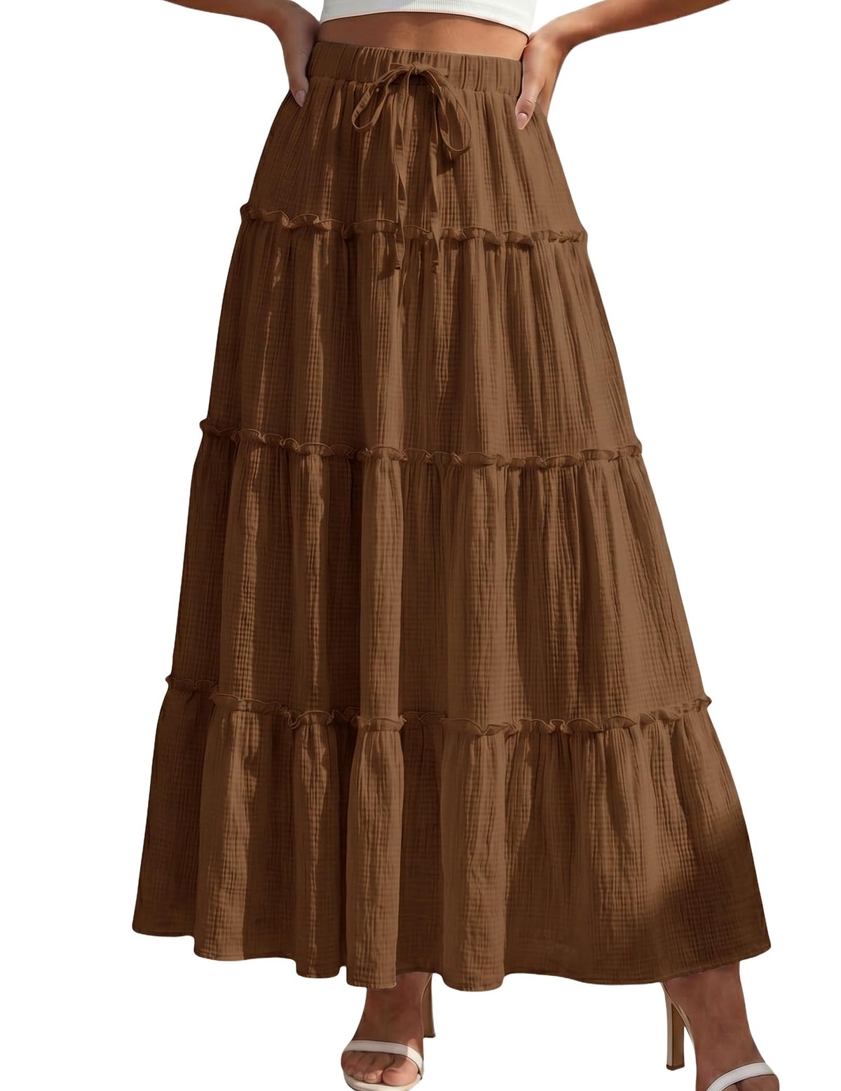 DERAX Womens Boho Maxi Skirt Flowy Ruffle Tiered High Waisted Long Skirts