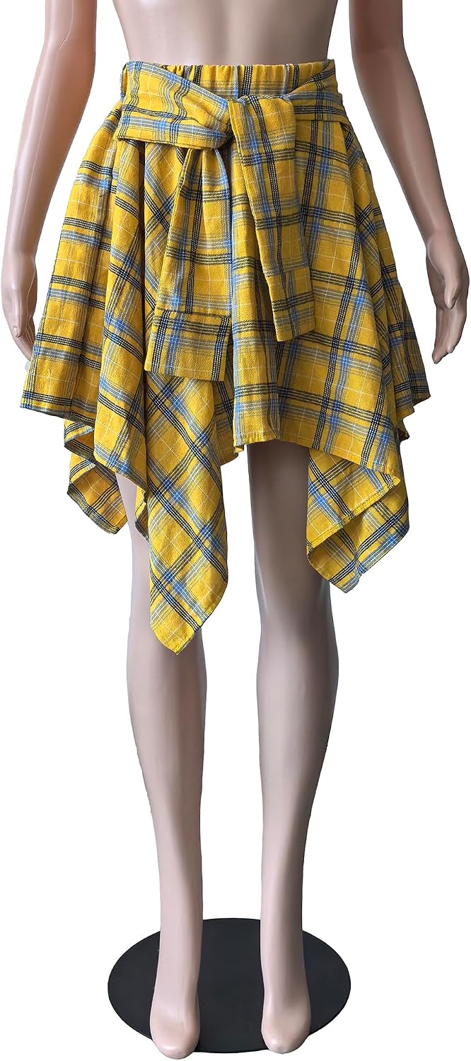 YBSKG Womens Plaid Skirts Elastic High Waist Tie Front Pleated Mini Skirt