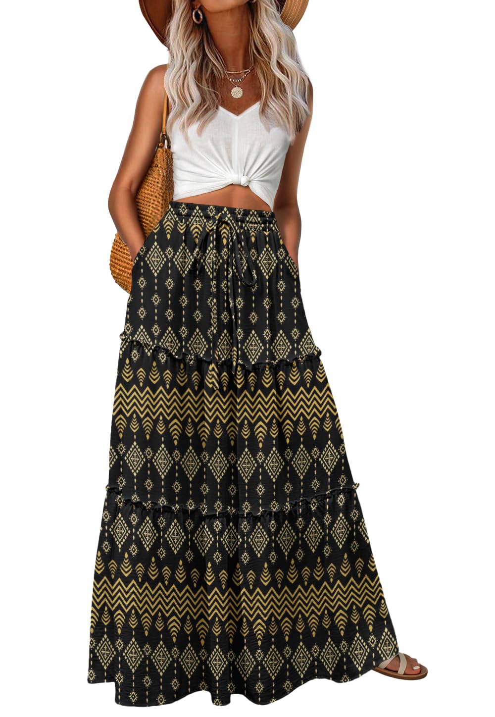 Lepunuo Womens Casual Boho High Waisted Flowy Maxi Skirts Tiered Floral Long Skirts with Pockets for Summer Beach Vacation