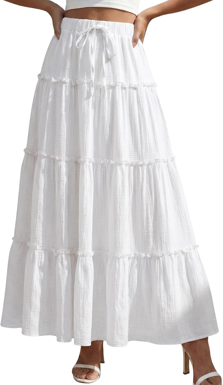 DERAX Womens Boho Maxi Skirt Flowy Ruffle Tiered High Waisted Long Skirts