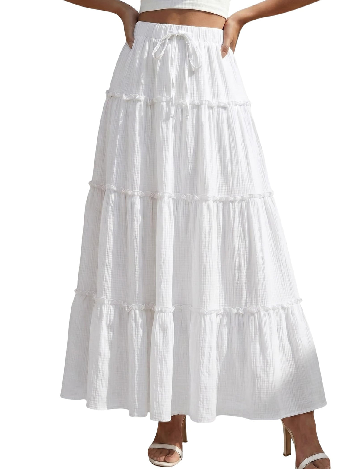 DERAX Womens Boho Maxi Skirt Flowy Ruffle Tiered High Waisted Long Skirts
