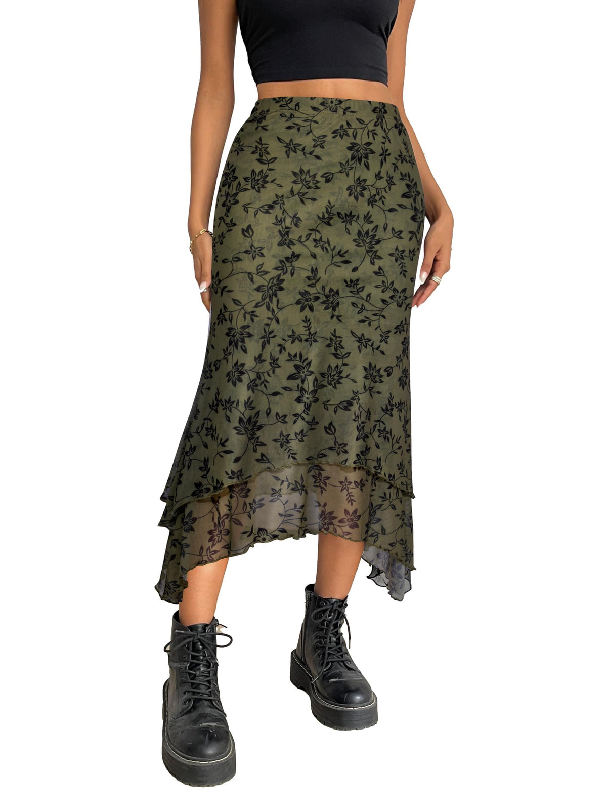 Avanova Women Mesh Asymmetrical Mermaid Midi Skirt High Waist Fishtail Long Skirt