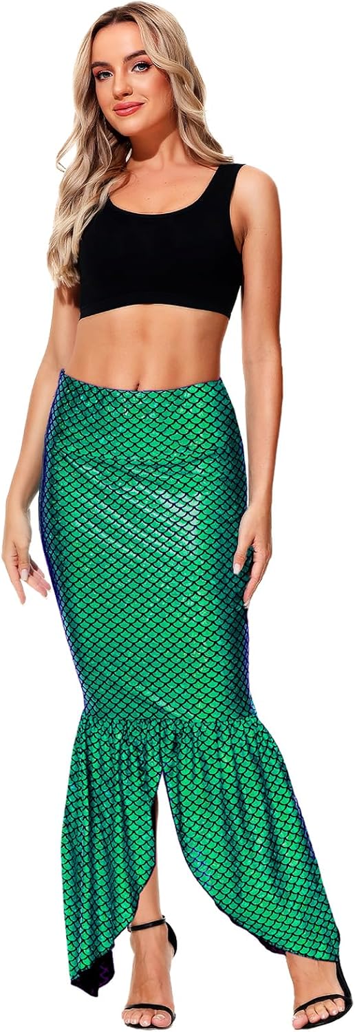 AOBUTE Women Mermaid Costume Skirt Shiny Maxi Fish Skirts Halloween Cosplay Outfits