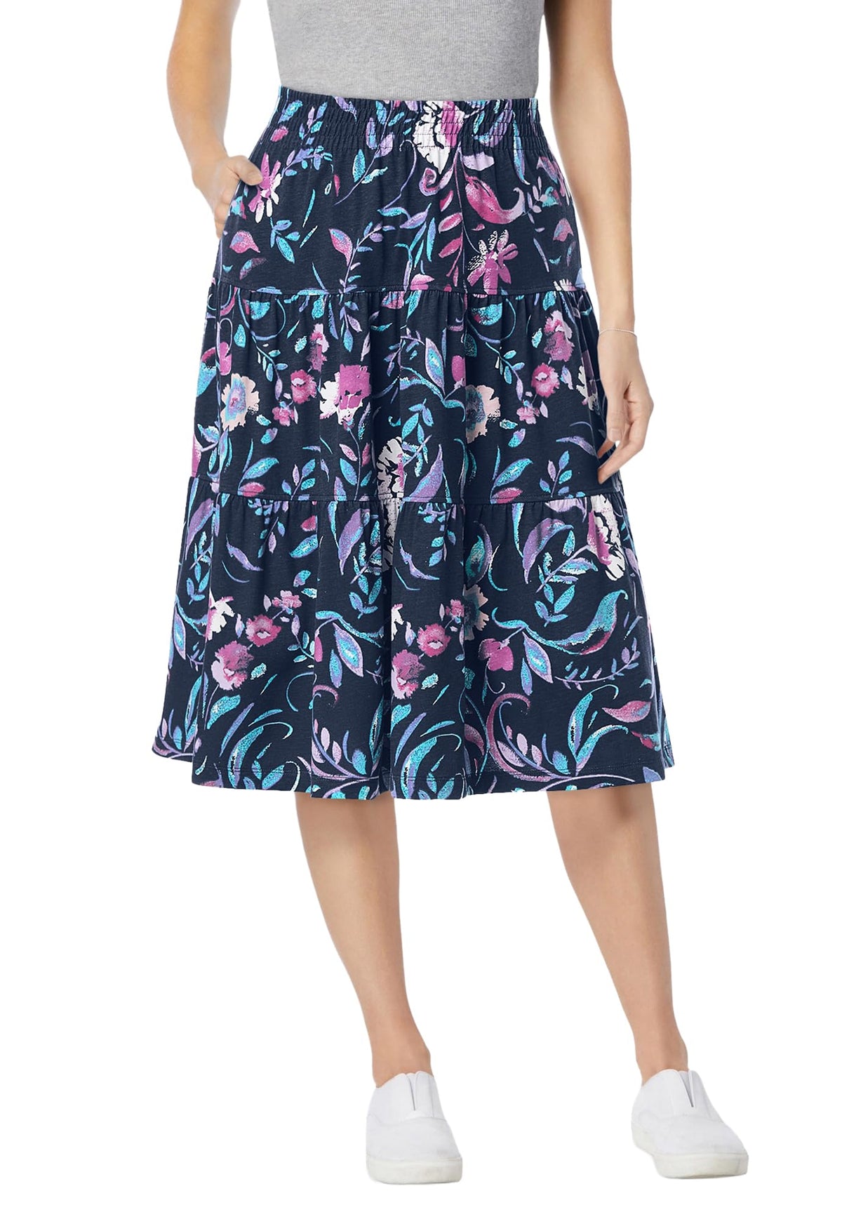Woman Within Elastic-Waist Knit Tiered Skirt
