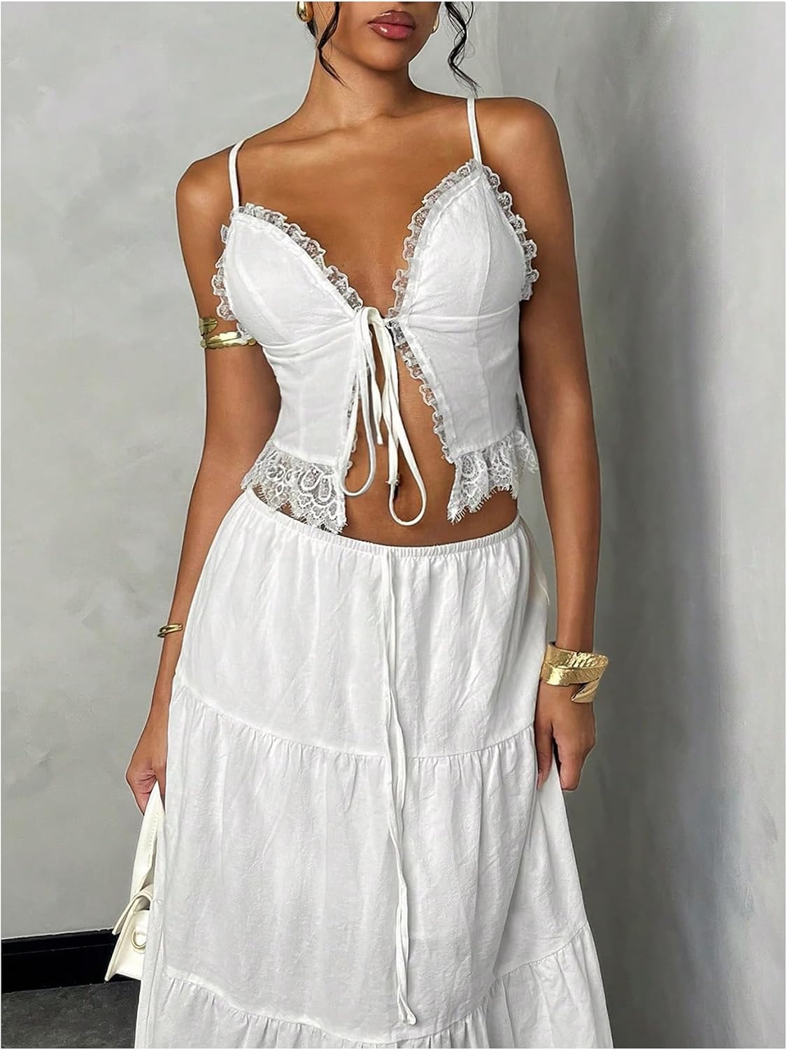 Floerns Women's 2 Piece Outfit Tie Front Camisole Top Tiered Maxi Skirt Set