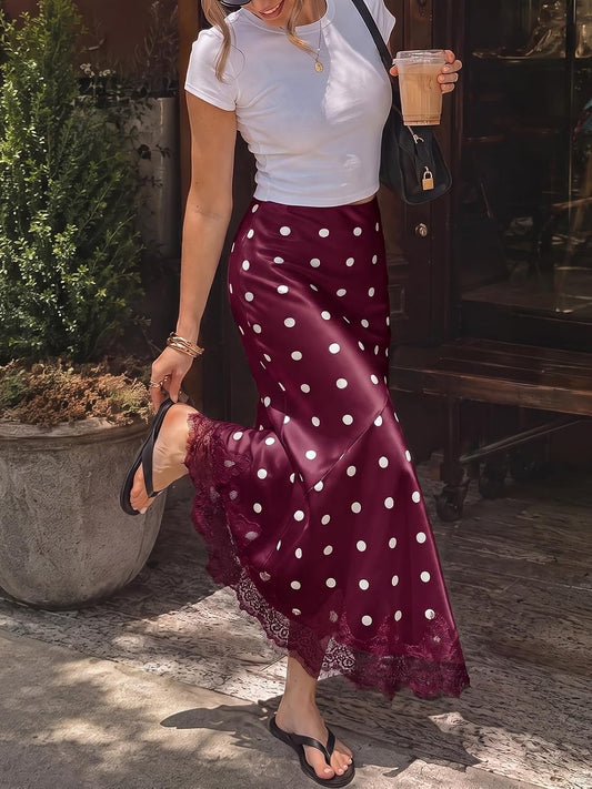 Tankaneo Womens Satin Skirt Polka Dot Silk Lace Trim Mermaid Maxi Skirt