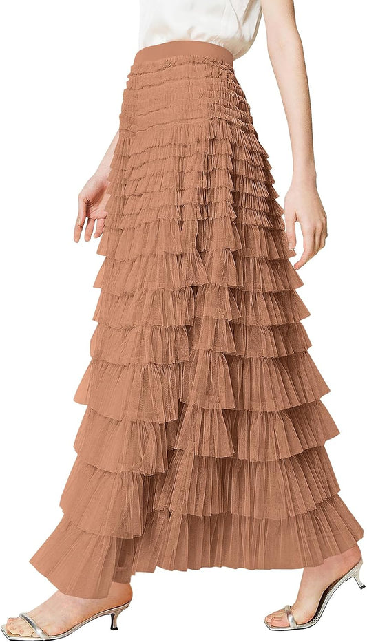 PEHMEA Womens Tulle Maxi Skirt High Waist Tiered A Line Layered Fairy Skirt