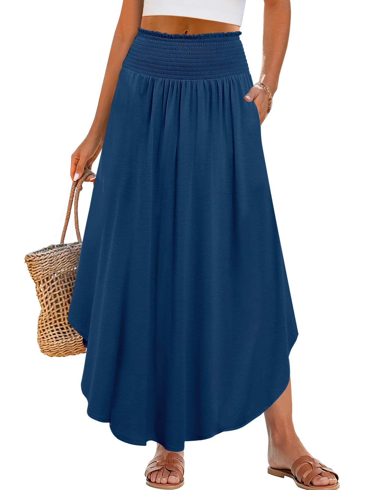 ANRABESS Women's Maxi Skirts Summer Boho Floral High Waisted Flowy Swing Pleated Beach Long Skirt with Pockets