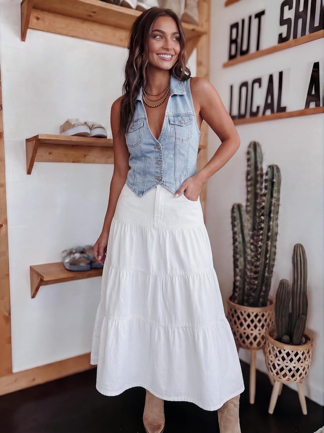 Womens Long Denim Skirt Tiered High Elastic Waist Jean Maxi Skirts