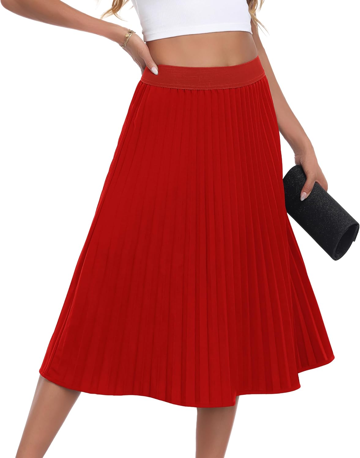 CZYINXIAN Pleated Midi Skirts for Women Elastic High Waist A-Line Skirt