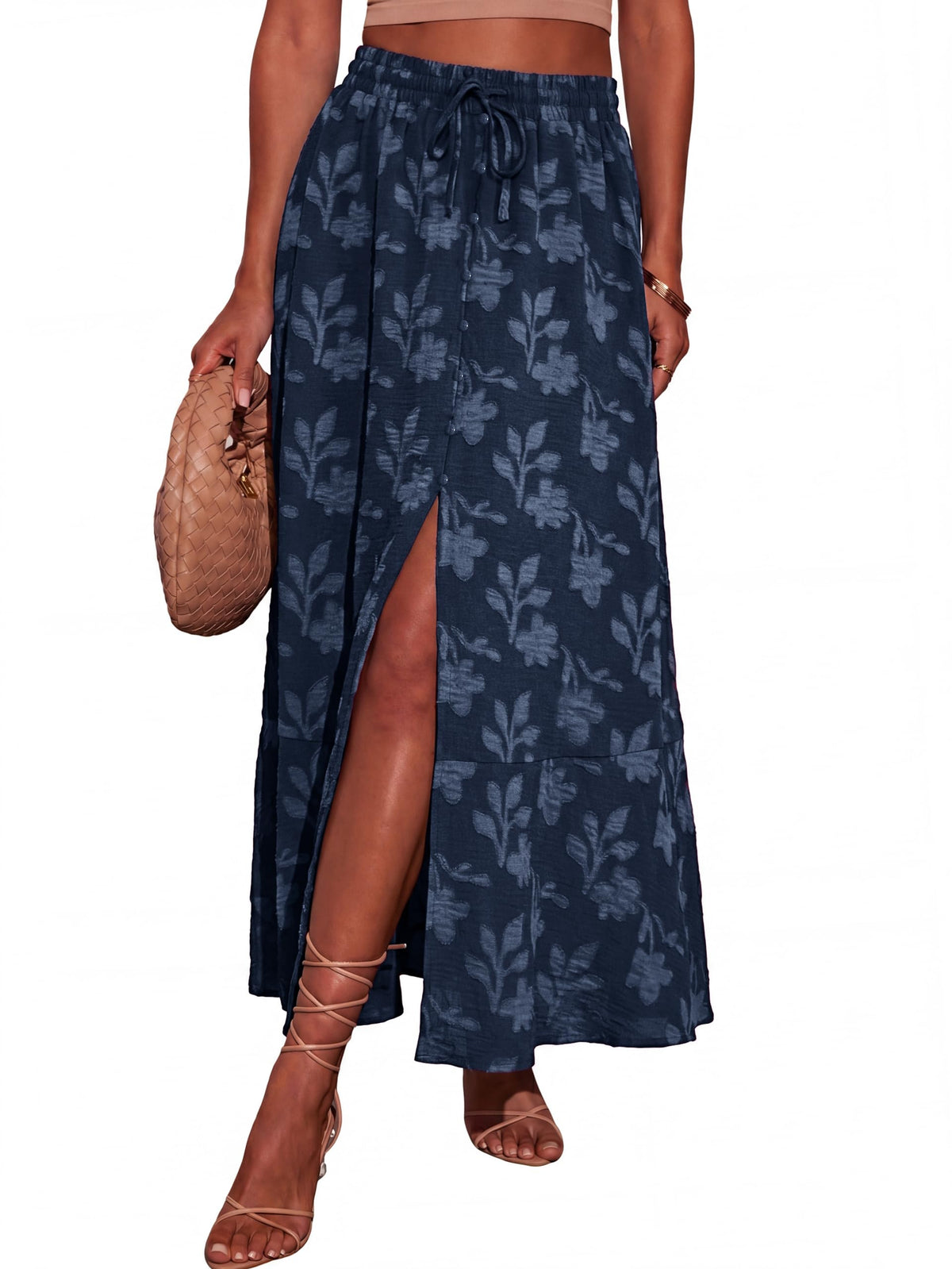 Simplee Women Summer Boho Maxi Skirts Floral High Waisted Slit Front Flowy Beach Long Skirt with Pockets