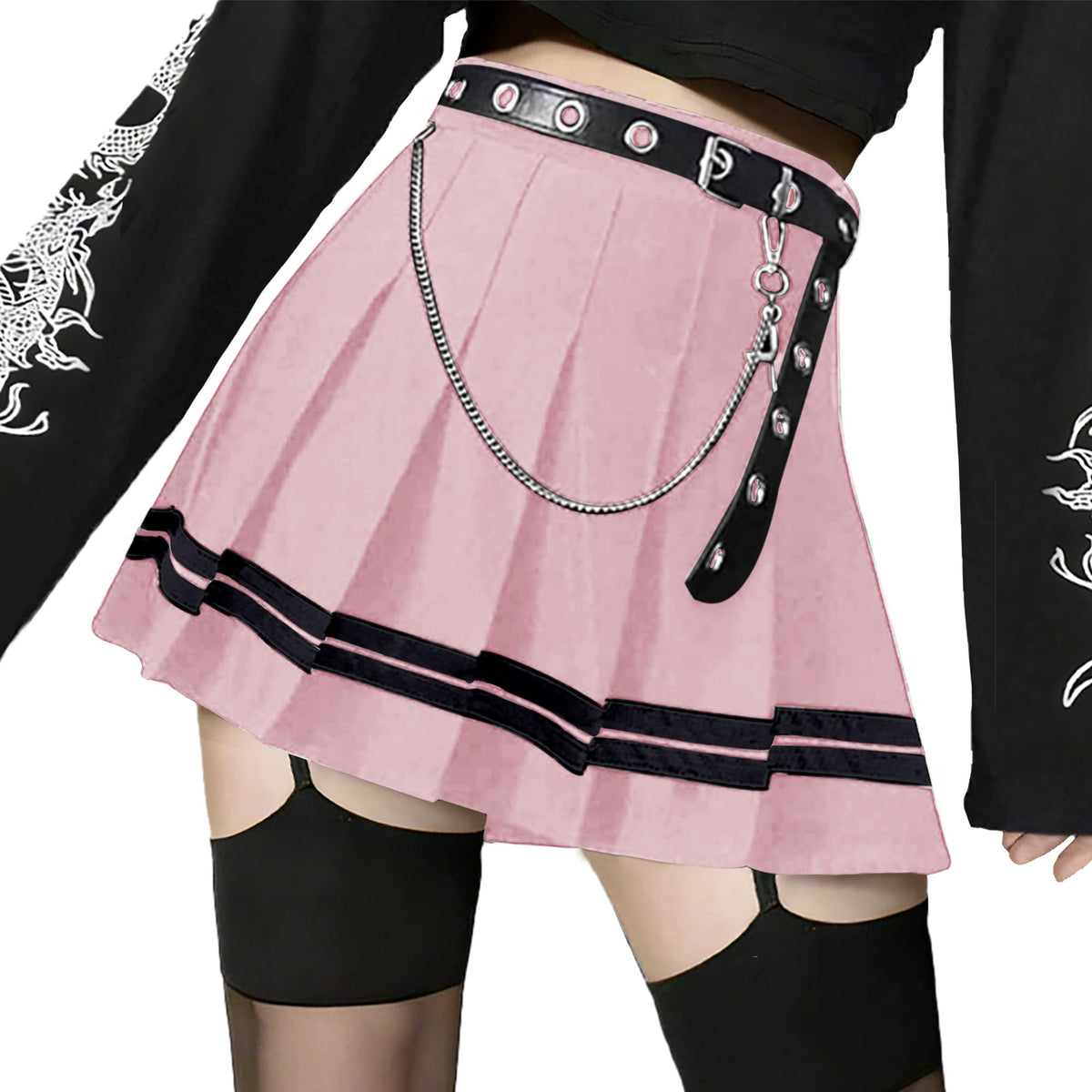 AULKEEP Pleated Mini Skirt Goth High Waist Skort with Belt