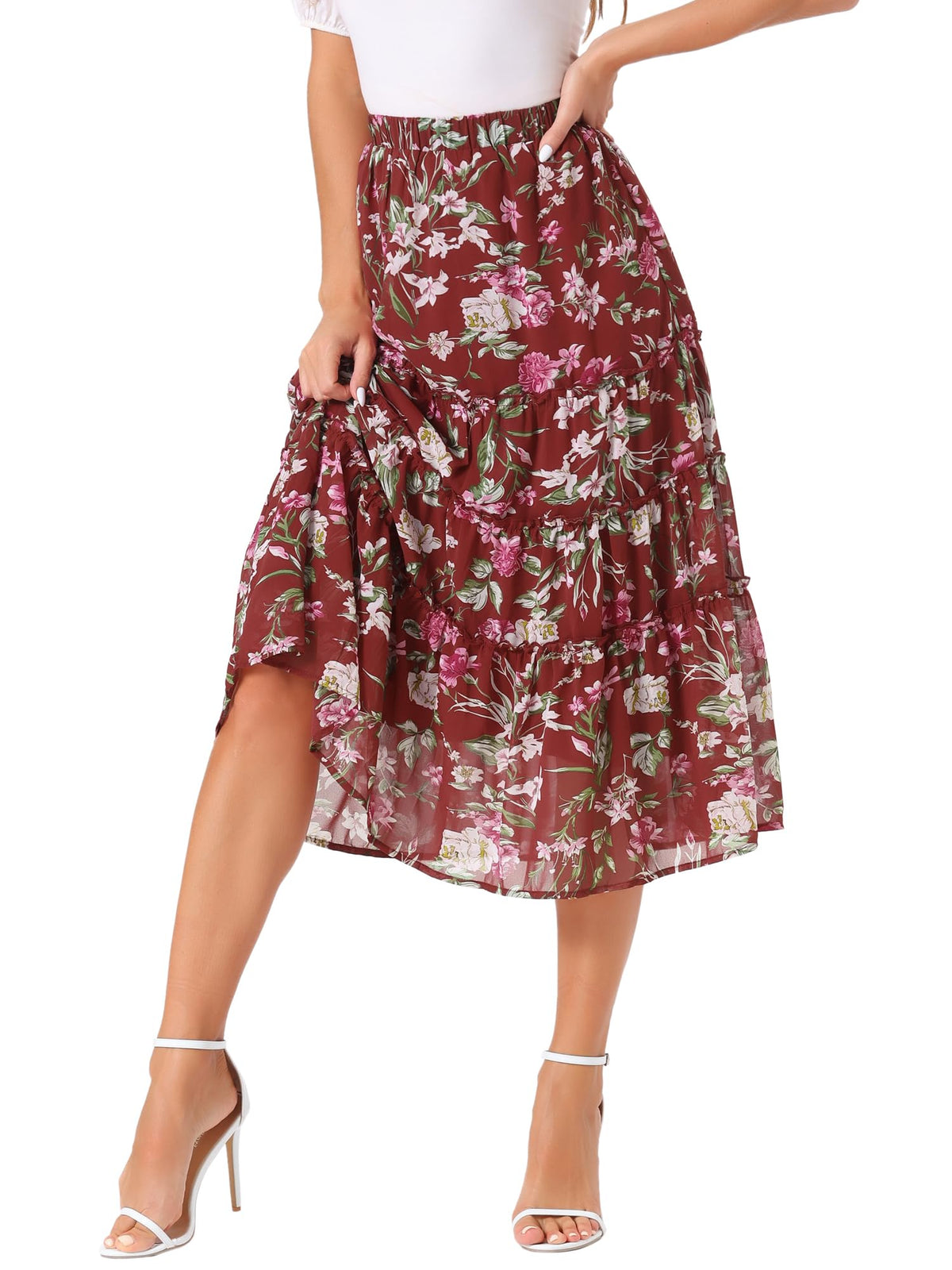 Allegra K Women's Floral Skirt Chiffon A-line Long Tiered Ruffle Maxi Skirt