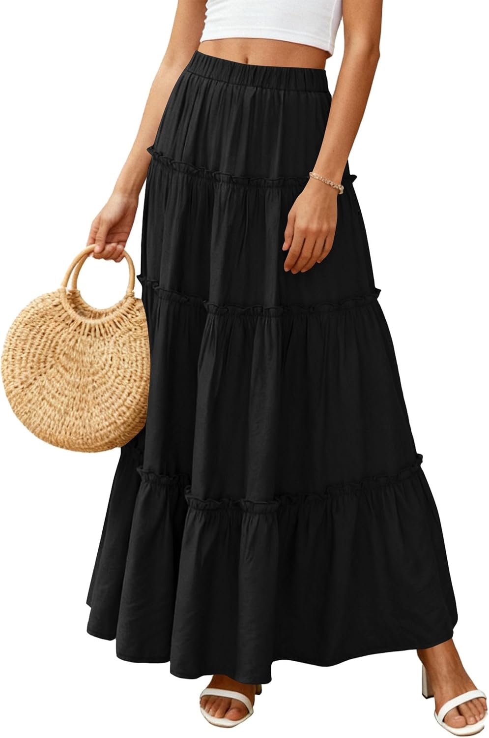 PRETTYGARDEN Women's Boho Tiered Ruffle Flowy Maxi Skirt