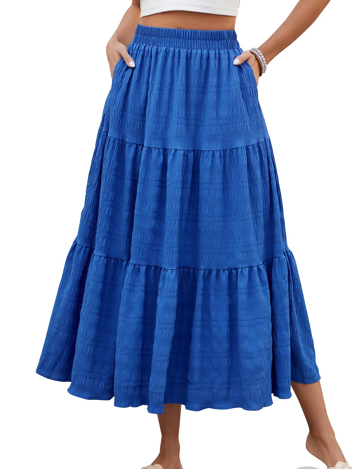 HUSKARY Women's Summer Casual Elegant Smock Layered Tiered Maxi Skirt High Waisted A Line Flowy Long Skirts with Pockets