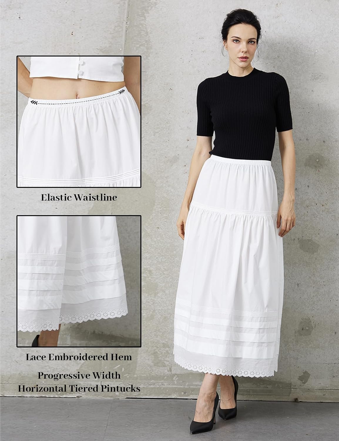 100% Cotton Women White Maxi Skirt Elastic Waist Peasant A Line Flowy Swing Lace Skirt Dress No Lining