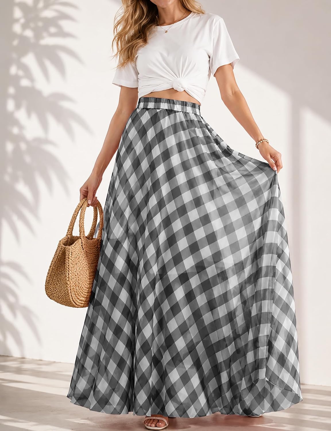 Women Vintage Checkered Plaid Maxi Skirt High Waisted Flowy A Line Casual Long Skirt