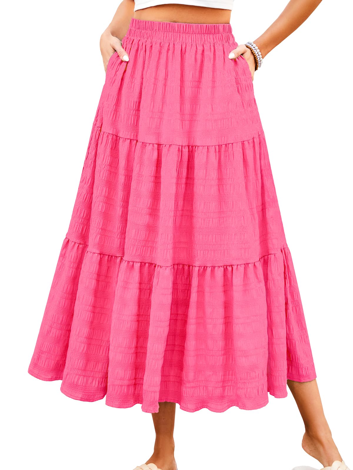 HUSKARY Women's Summer Casual Elegant Smock Layered Tiered Maxi Skirt High Waisted A Line Flowy Long Skirts with Pockets