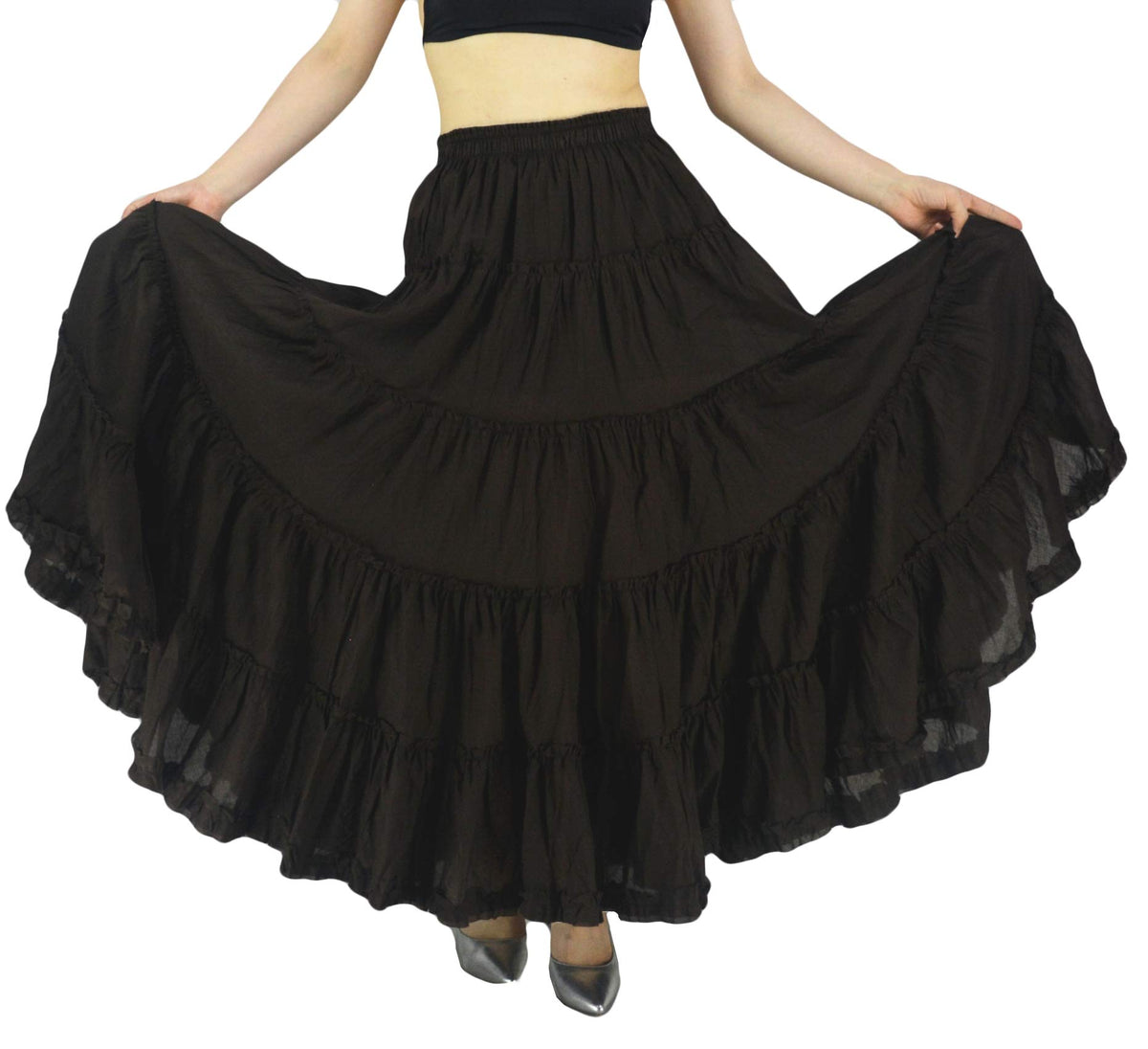 Women's Maxi Skirt Boho Pleated Cotton 5 Tiered Long A-Line Dance Skirts