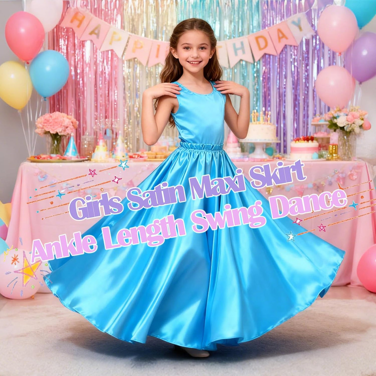 Girls Satin Ankle Length Swing Dance Full Circle Dance Skirt