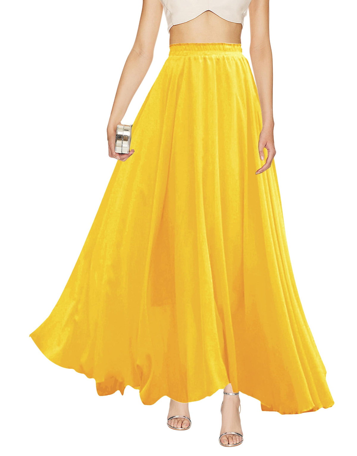 v28 Women Full/Ankle Length Elastic Pleated Retro Maxi Chiffon Long Skirt