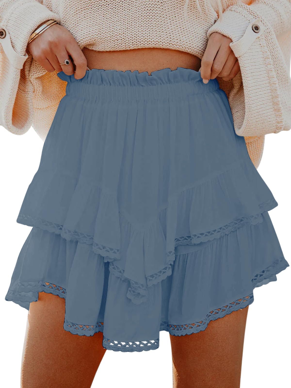Aoudery Flowy Shorts for Women Casual Boho Ruffle Tiered Skorts High Waist Mini Skirts Golf Tennis Crochet Shorts