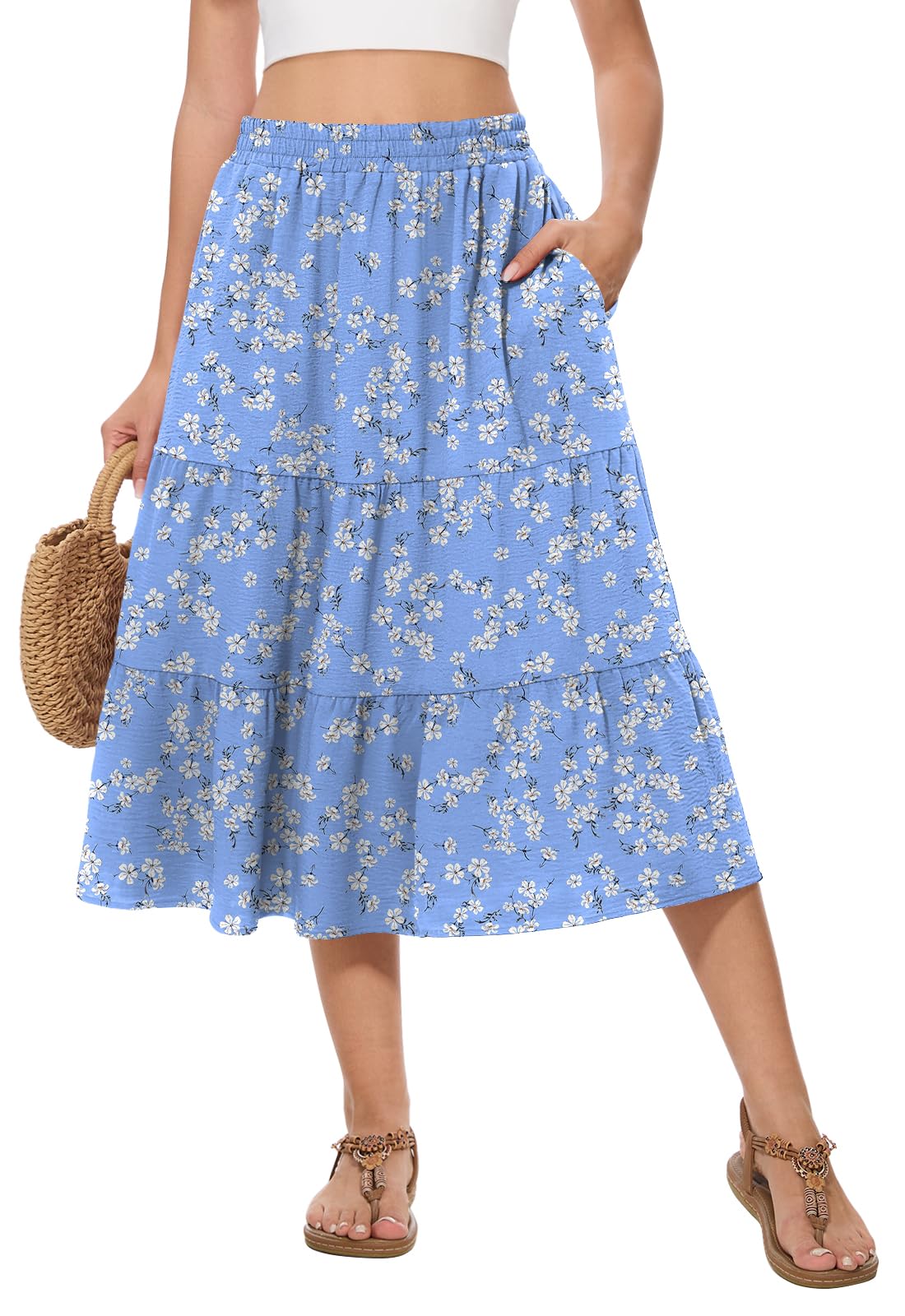 Women's Summer Midi Tiered Flowy High Waist A-Line Casual Skirts