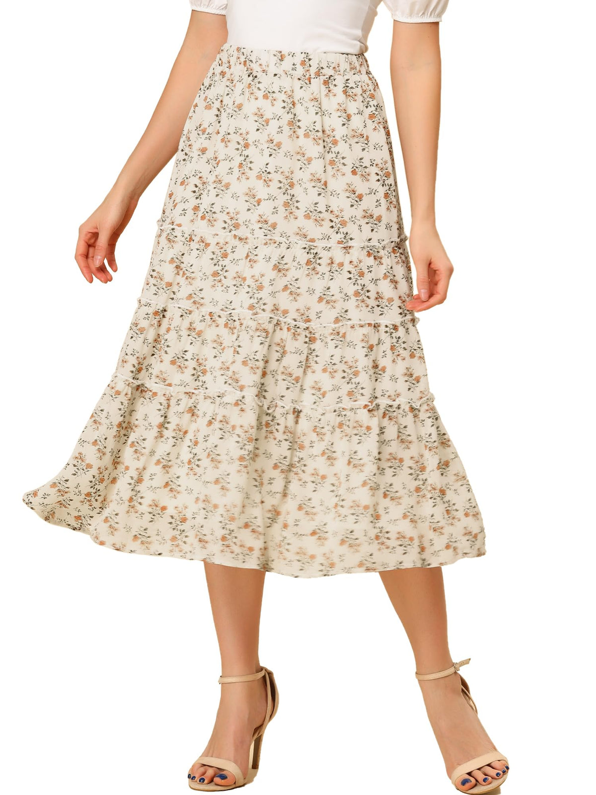 Allegra K Women's Floral Skirt Chiffon A-line Long Tiered Ruffle Maxi Skirt