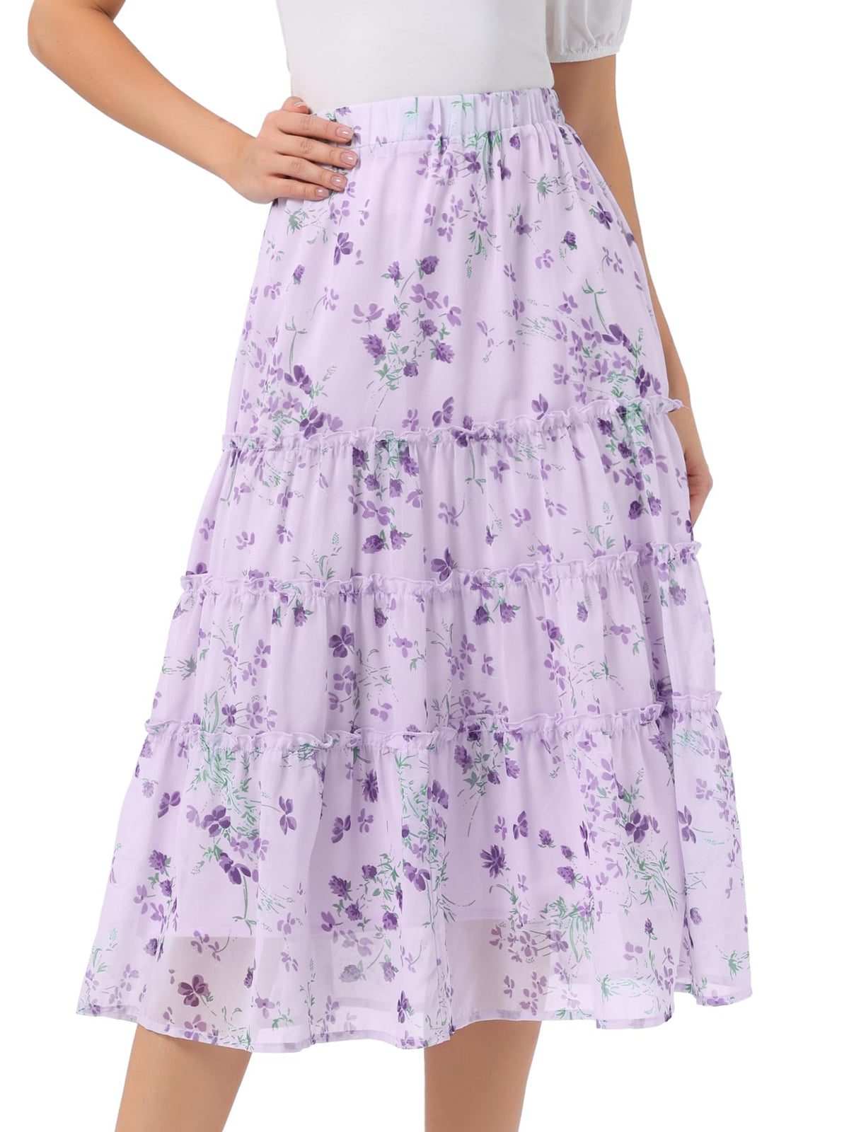 Allegra K Women's Floral Skirt Chiffon A-line Long Tiered Ruffle Maxi Skirt