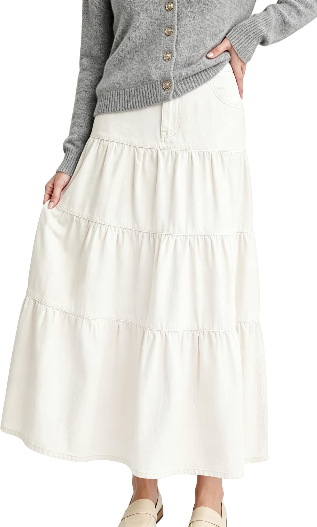 Womens Long Denim Skirt Tiered High Elastic Waist Jean Maxi Skirts