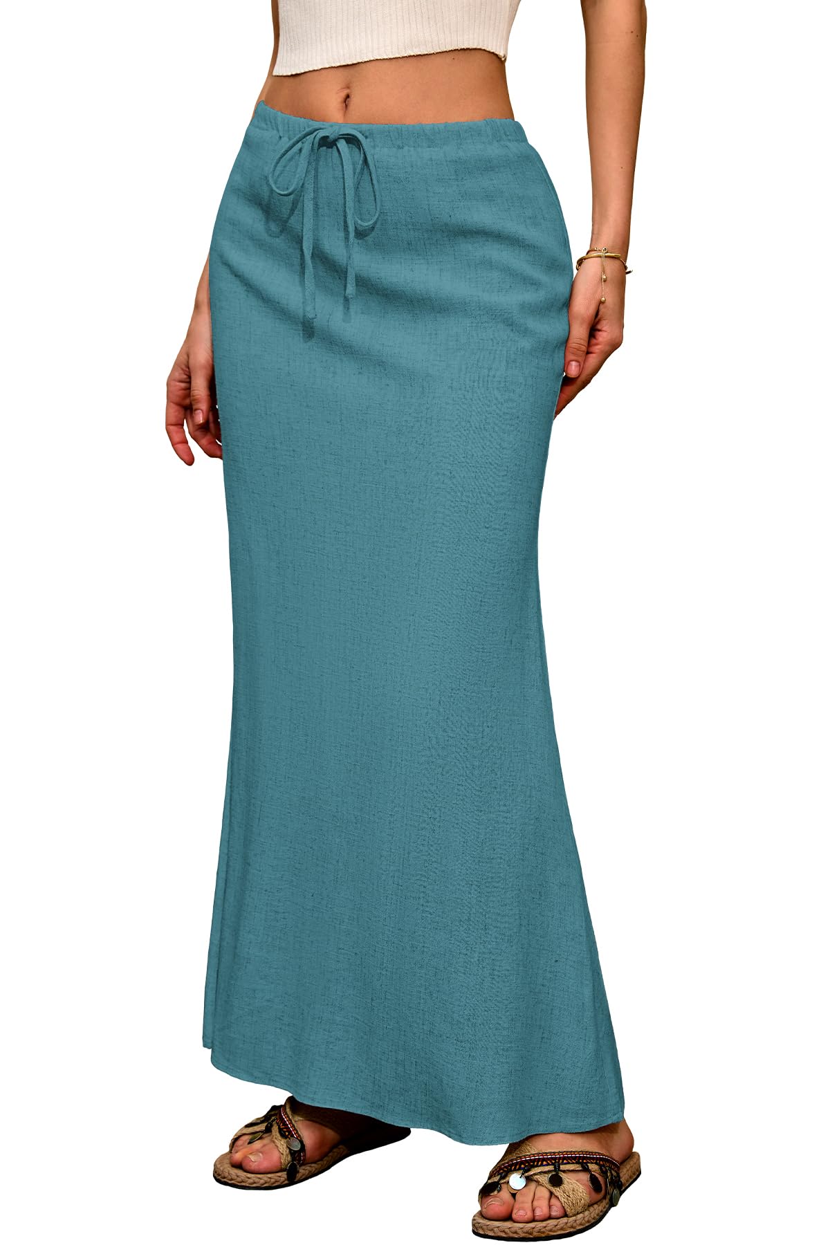 ELLEVEN Linen Flared Maxi Skirt, Boho Flowy Ankle-Length Skirts for Women