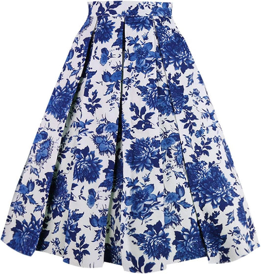 OBBUE Vintage Pleated Skirt A-line Midi Skirts