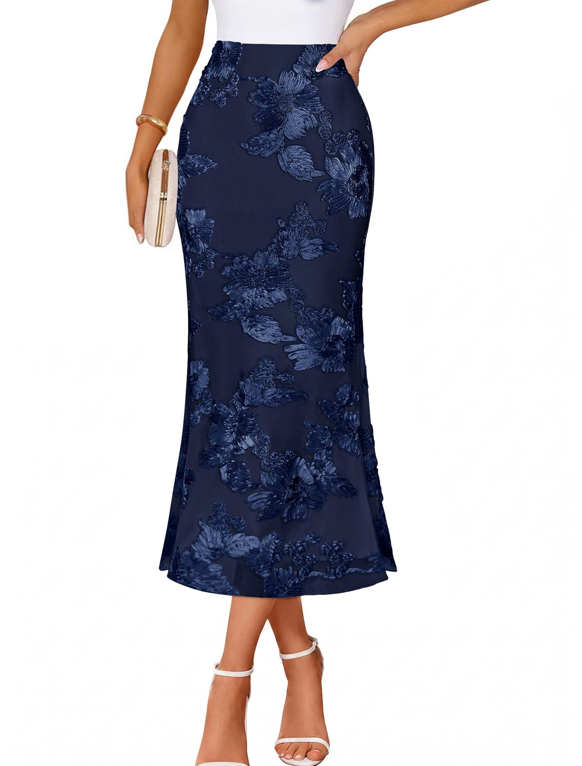 IWD Womens Floral Mesh Midi Skirt High Waisted Bodycon Mermaid Long Skirts