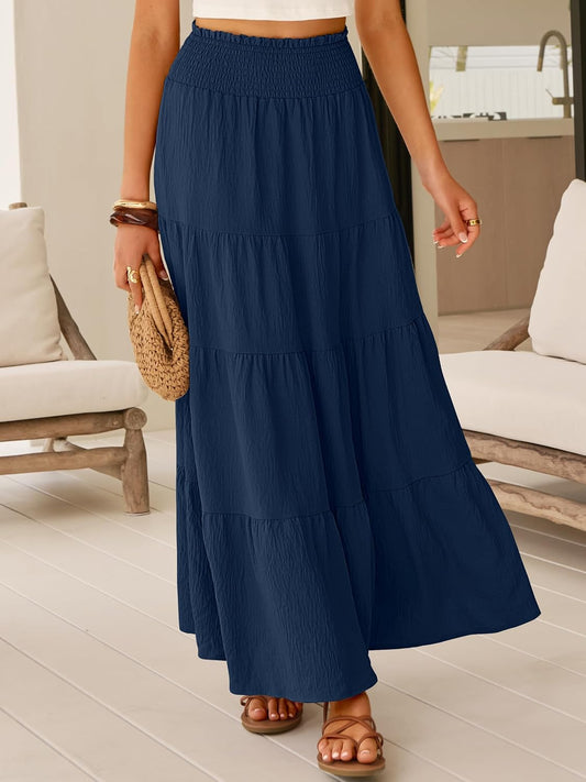 ANRABESS Womens Maxi Skirts, Elastic High Waist A-Line Tiered, Long Flowy Boho Skirts, Summer Casual Beach & Vacation Wear