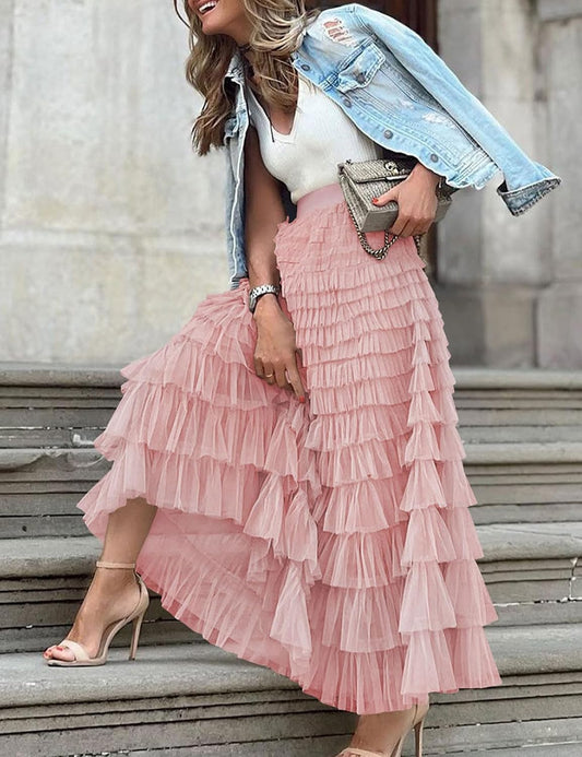 Flygo Women Long Maxi Tiered Tulle Skirts A Line Ruffle Layered Fairy Skirt