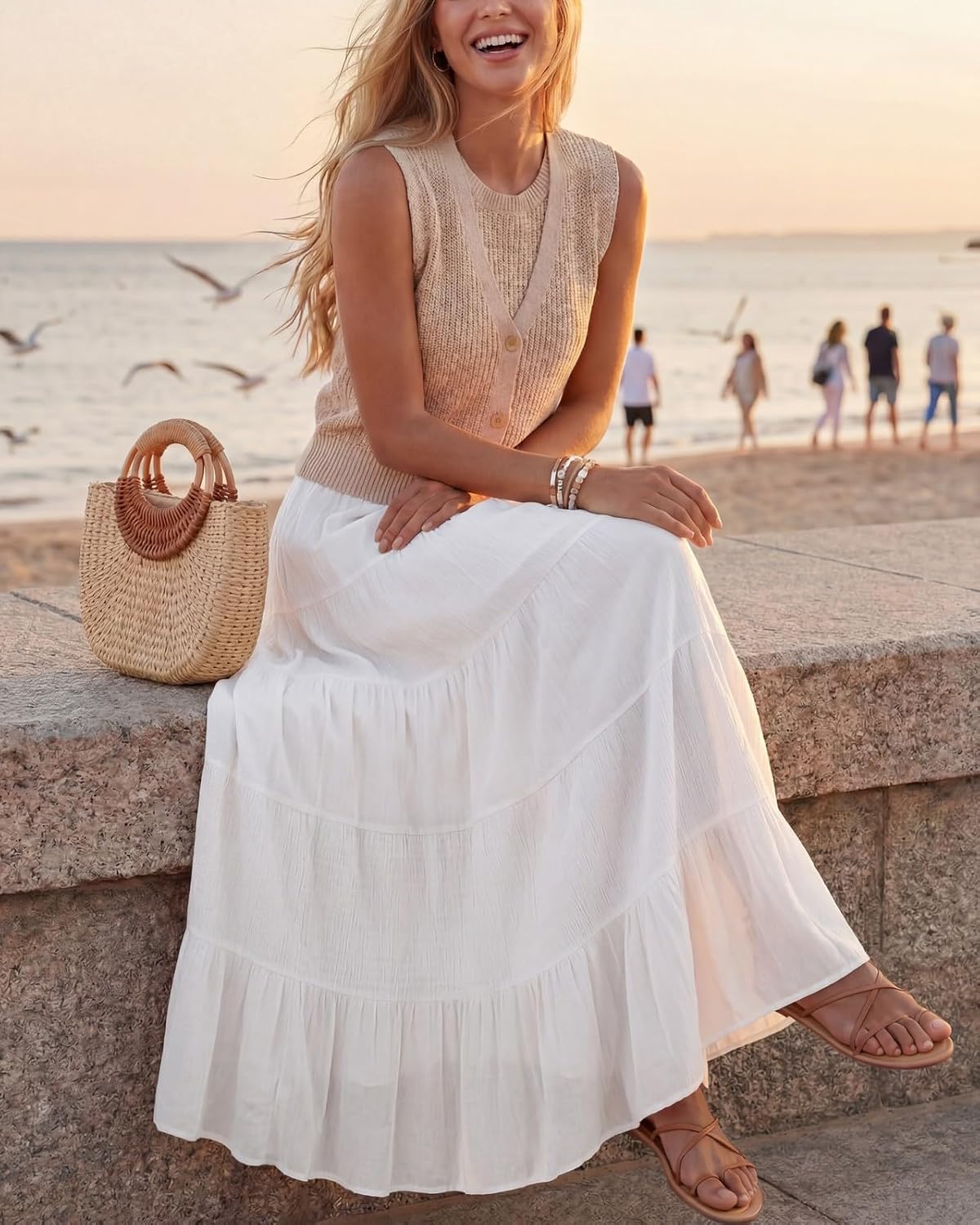 Women's Chiffon Pleated Maxi Skirt High Waist White Long Skirts