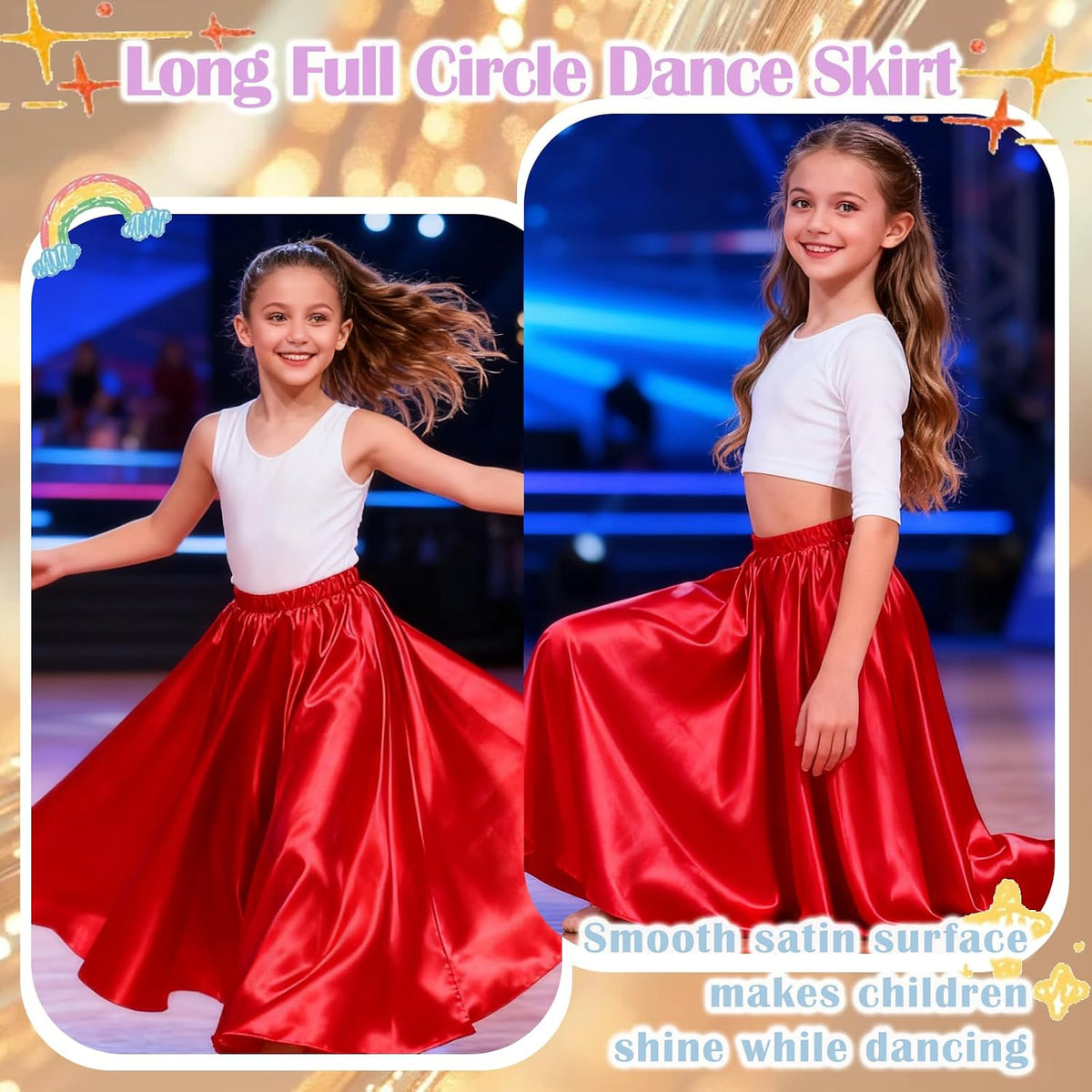 Girls Satin Ankle Length Swing Dance Full Circle Dance Skirt
