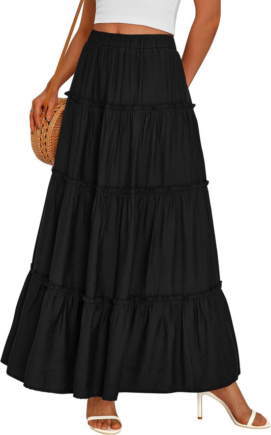 PRETTYGARDEN Women's Boho Tiered Ruffle Flowy Maxi Skirt