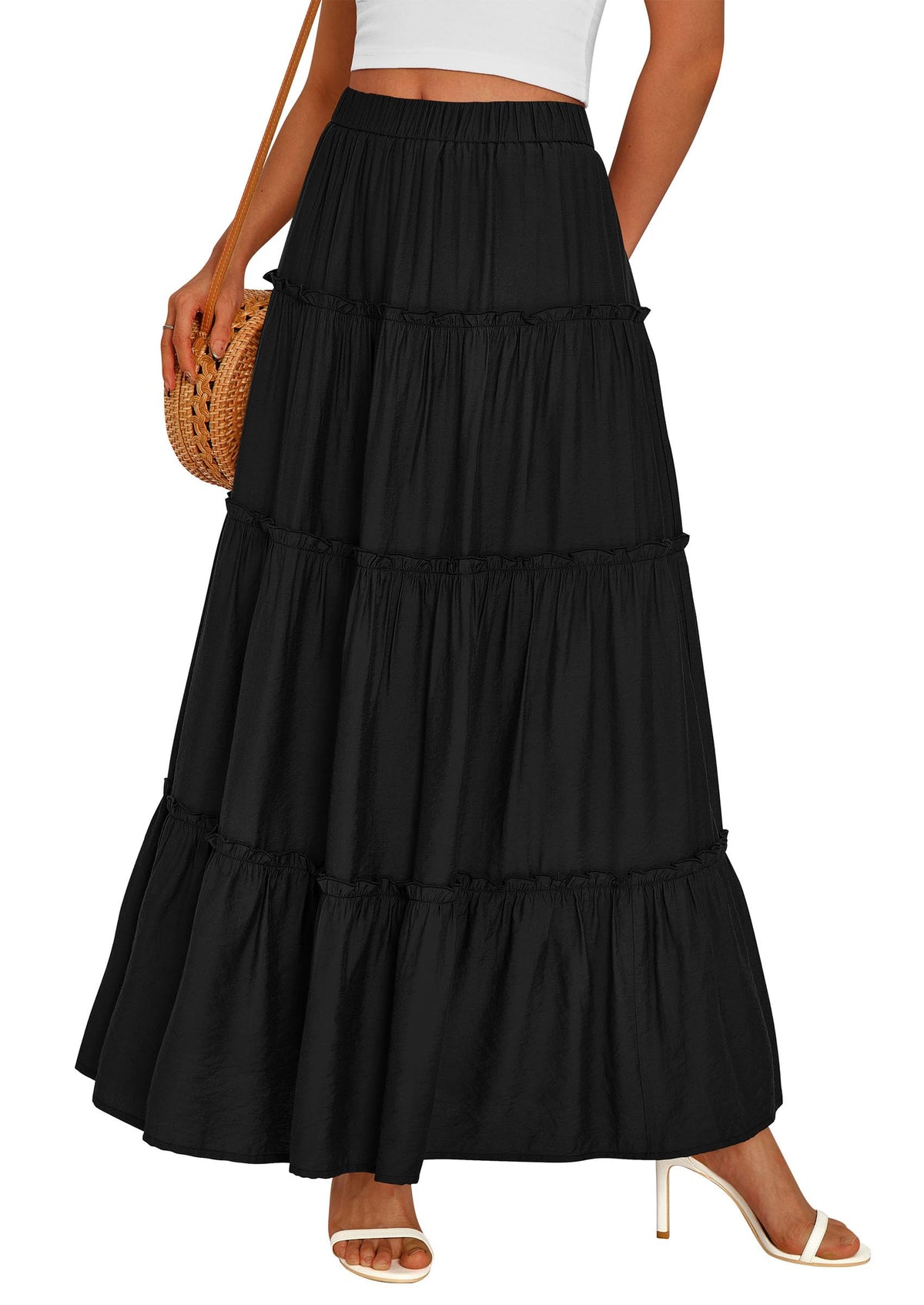 PRETTYGARDEN Women's Boho Tiered Ruffle Flowy Maxi Skirt